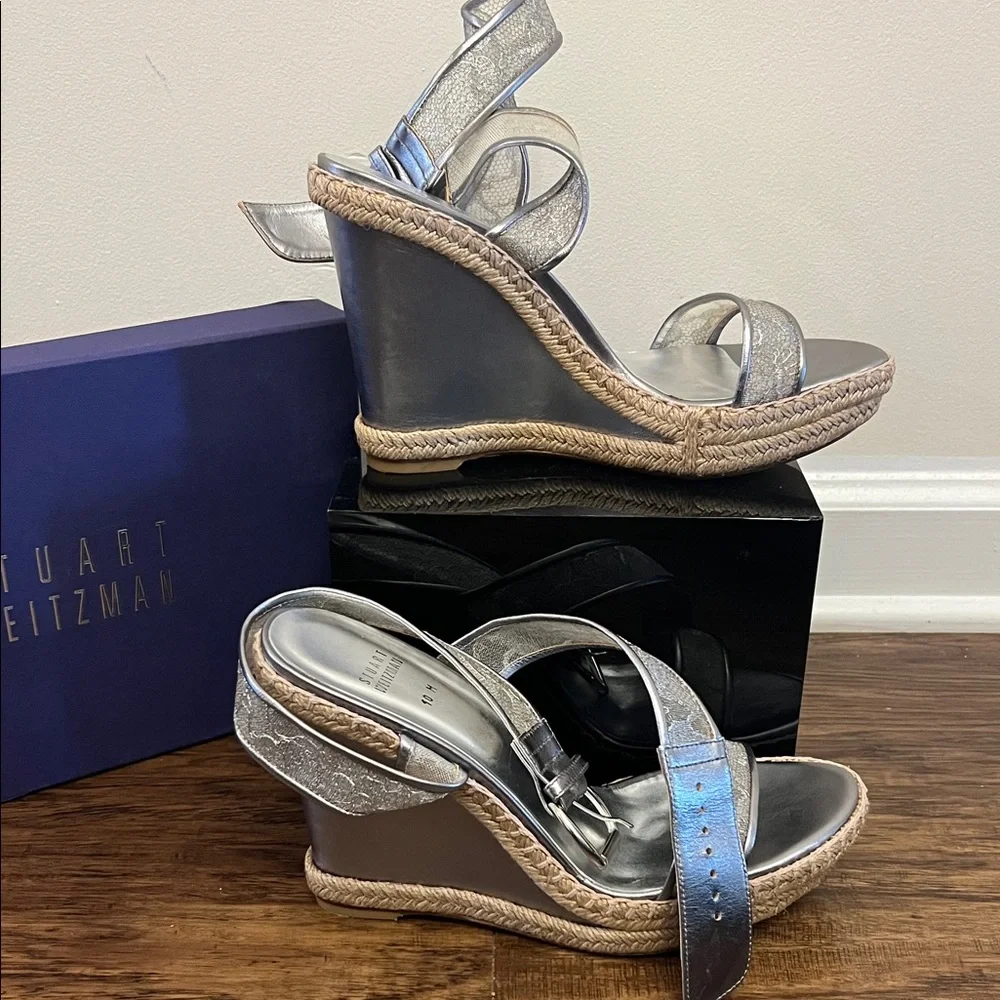 Stuart Weitzman Metallic Silver Espadrille Wedge Sandals - Picture 7 of 9